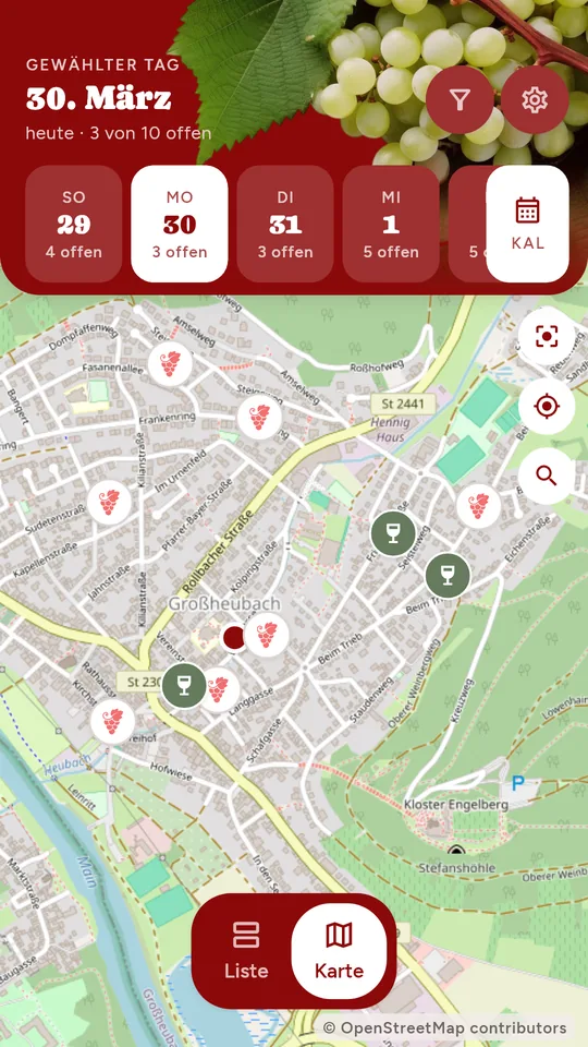 Die Karte in der Häcke-App: die Tagesleiste oben, darunter alle Häcken des Tages auf der Karte von Großheubach, die geöffneten in Grün
